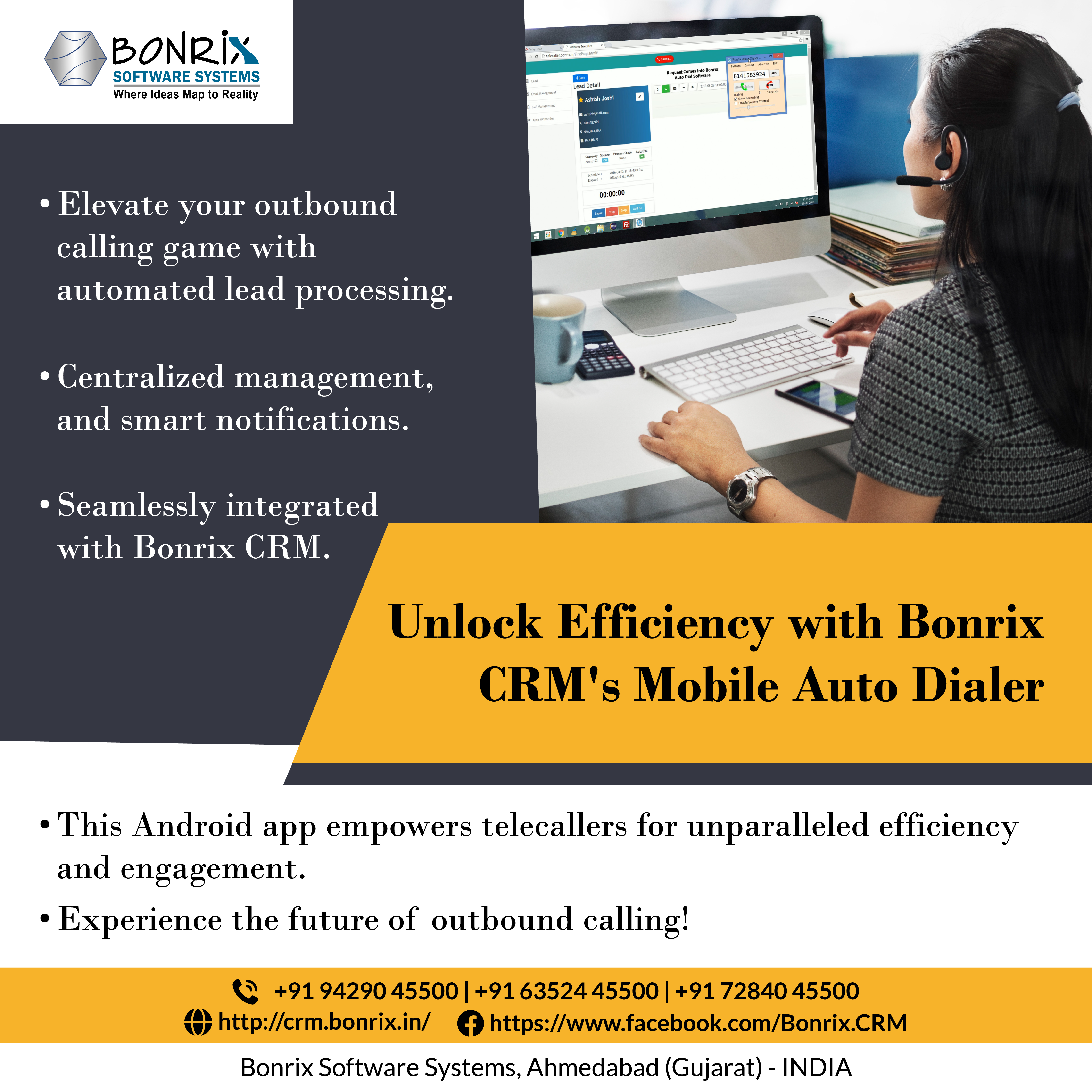 Bonrix CRM Mobile Auto Dialer app interface for automated outbound calling and lead processing